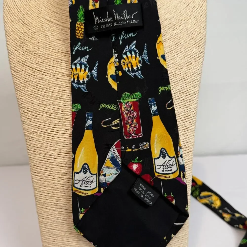 Vintage 1995 Nicole Miller Alize Novelty Silk Tie Black Tropical